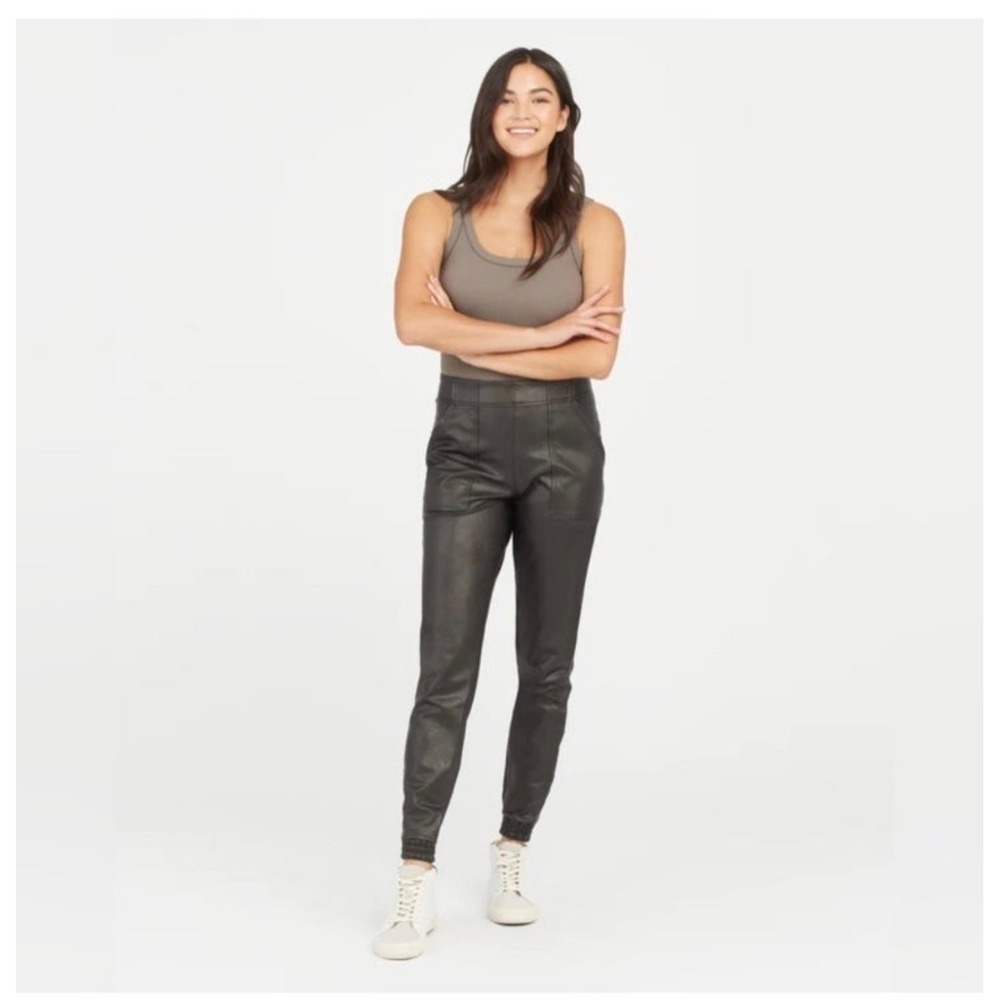 SPANX Womens Faux Leather Joggers Black Elastic Waist Tapered Pants Large L/G